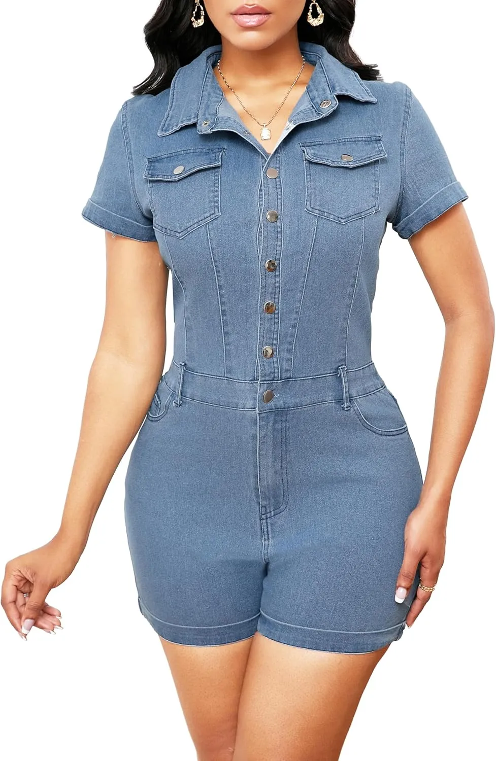 Denim Rompers for Women Sexy Short Sleeve Bodycon Short Pants Jeans Jumpsuits with Belt Pockets Botton Down