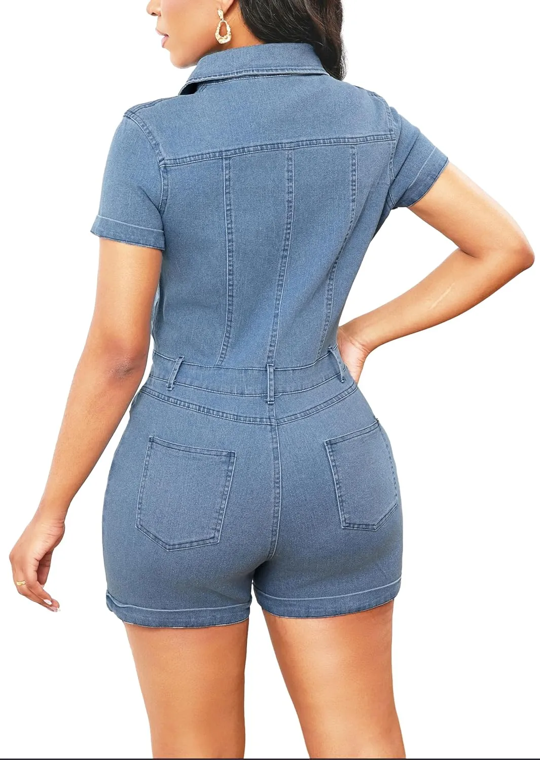 Denim Rompers for Women Sexy Short Sleeve Bodycon Short Pants Jeans Jumpsuits with Belt Pockets Botton Down