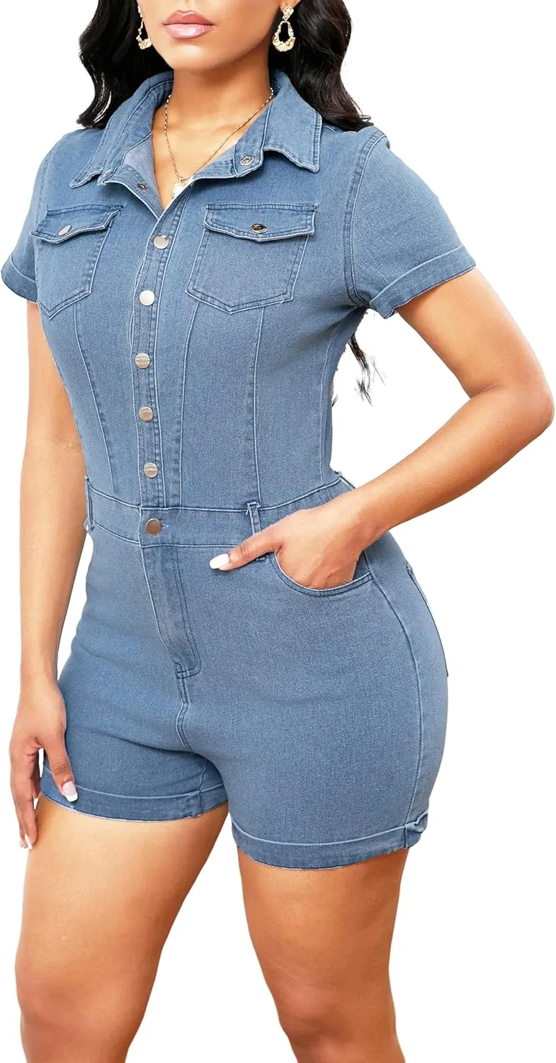 Denim Rompers for Women Sexy Short Sleeve Bodycon Short Pants Jeans Jumpsuits with Belt Pockets Botton Down