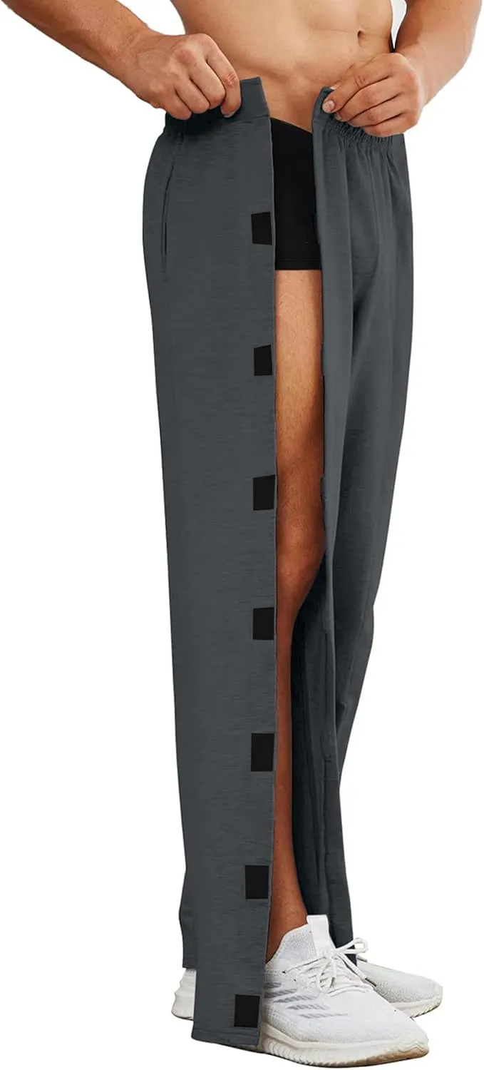Deyeek Men's Post Surgery Pants Loose Fit Side Snap Tear Away Pants for Men Open Bottom Breakaway Sweatpants with Pockets