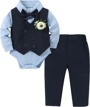 DISAUR Baby Boy Clothes Suits 5PC Infant Gentleman Outfit Dress Shirt Bowtie Vest Corsage Pants Wedding Baby Suit