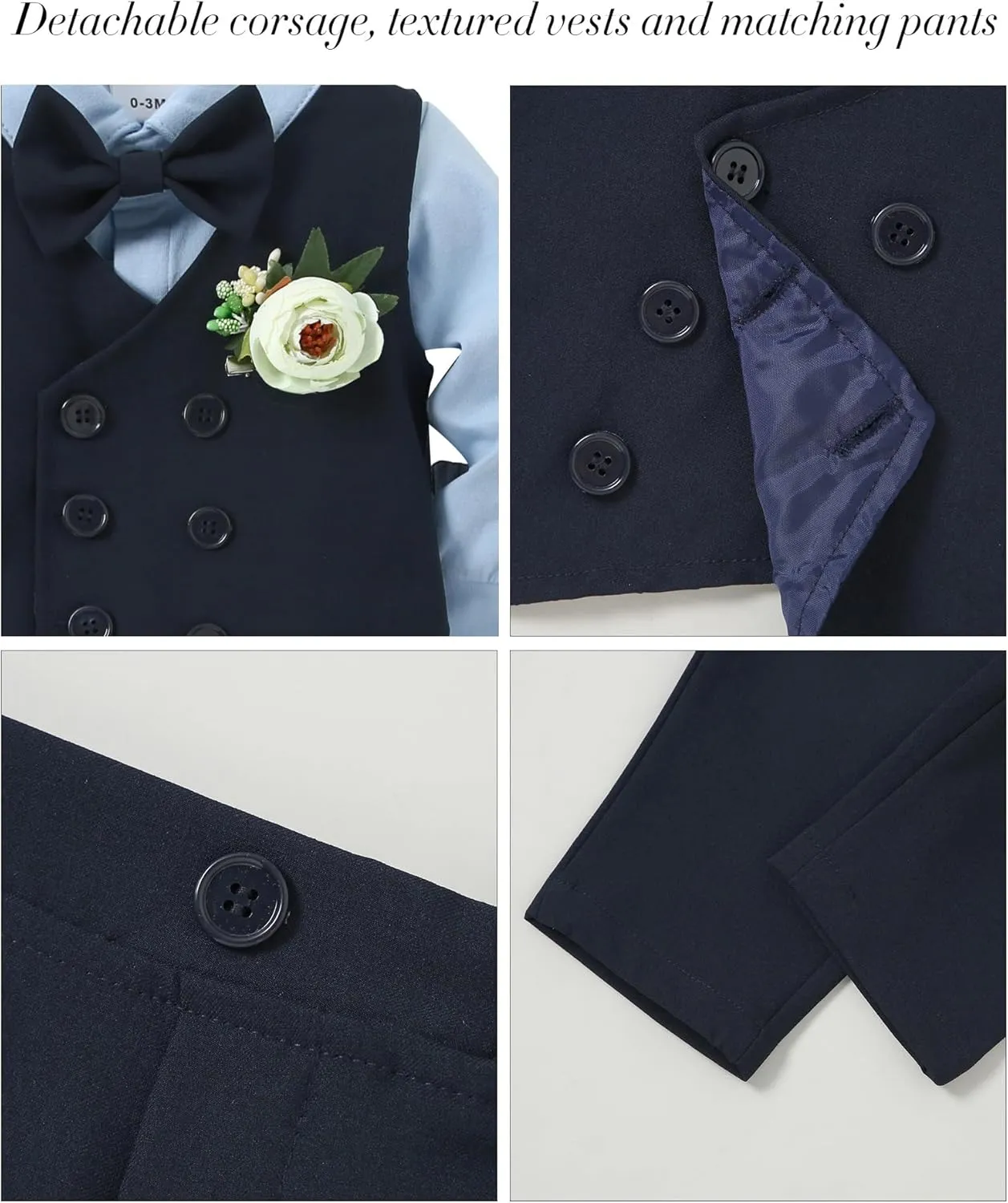 DISAUR Baby Boy Clothes Suits 5PC Infant Gentleman Outfit Dress Shirt Bowtie Vest Corsage Pants Wedding Baby Suit