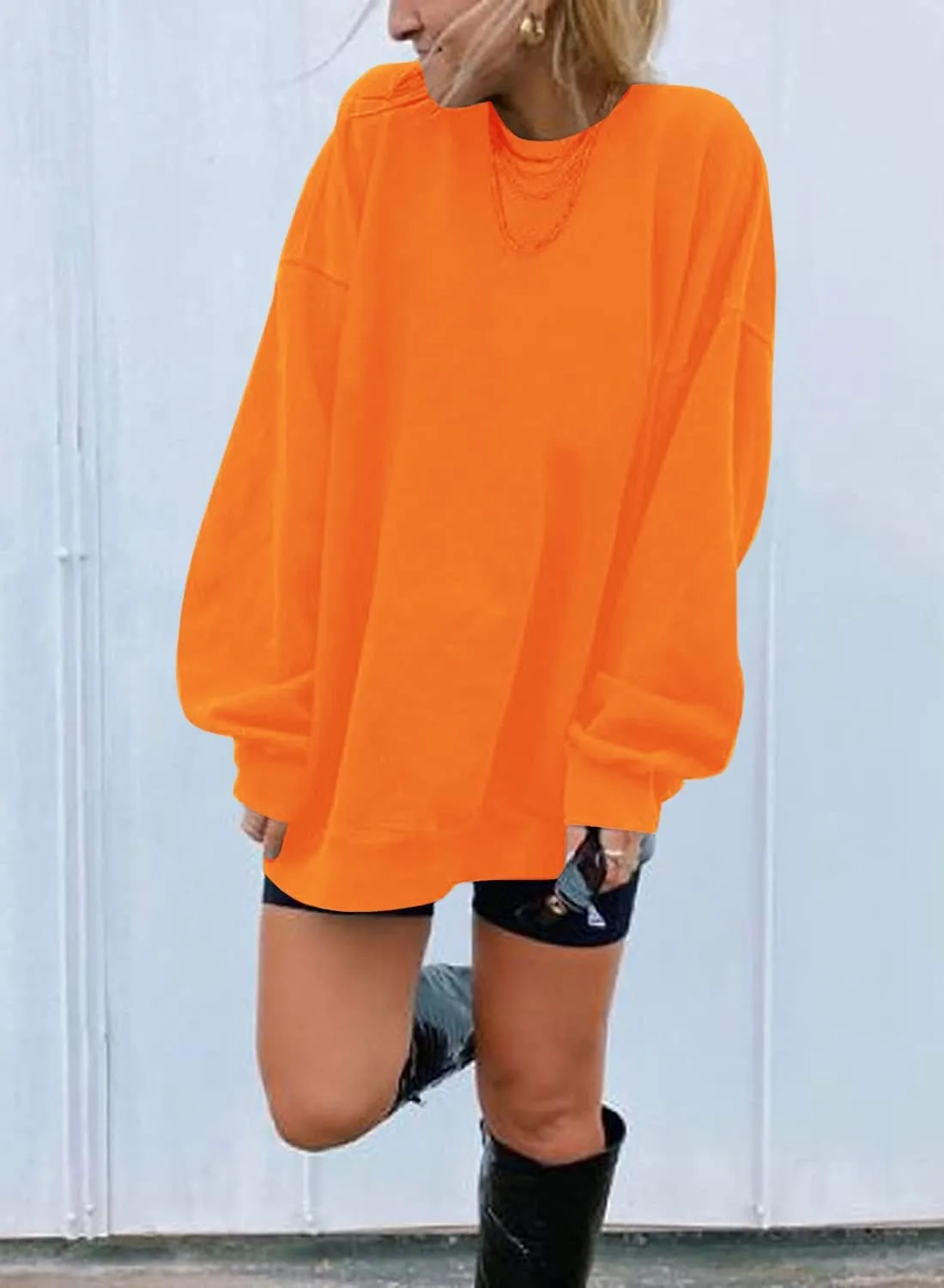 Ebifin Women's Oversized Long Sleeve Sweatshirts Pure Color Round Neck Casual Pullover Shirt