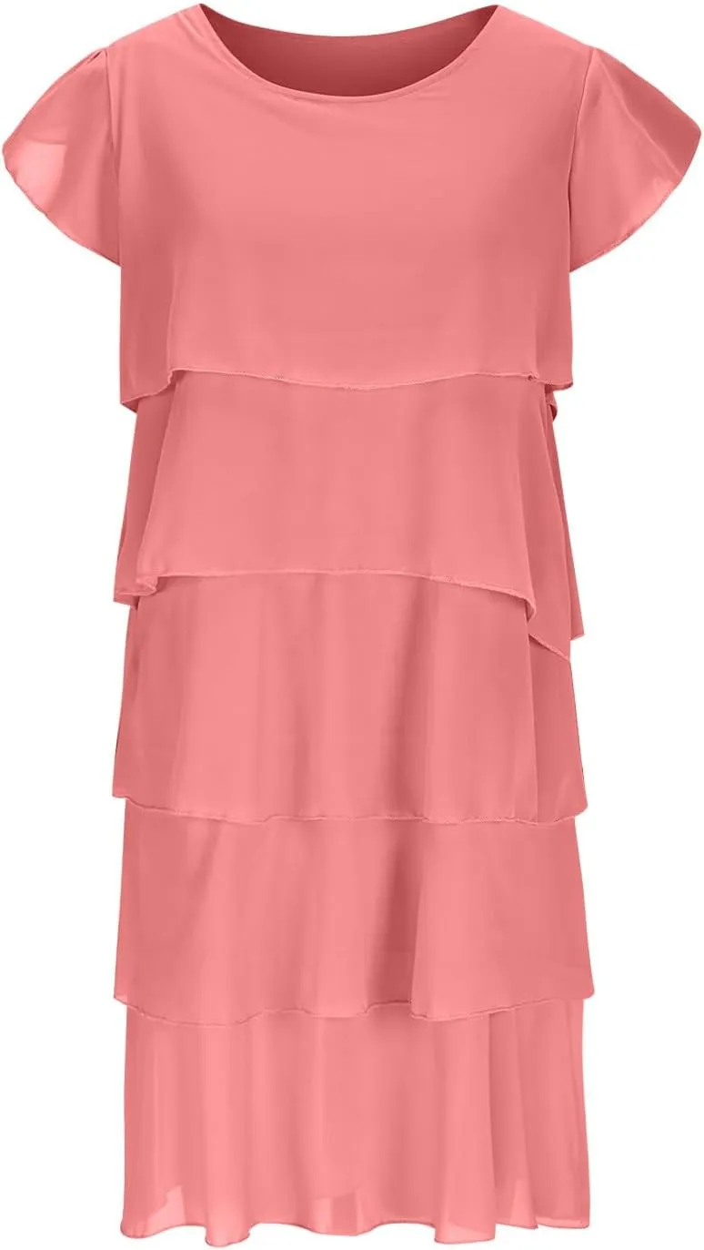 Elegant Chiffon Dresses for Women Plus Size Short Sleeve Crewneck Tiered Layered Flowy Dress Party Wedding Outfits