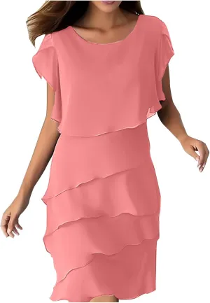 Elegant Chiffon Dresses for Women Plus Size Short Sleeve Crewneck Tiered Layered Flowy Dress Party Wedding Outfits