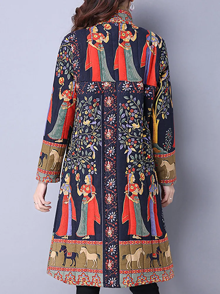 Ethnic Women Long Sleeve Printed Frog Button Stand Collar Coats