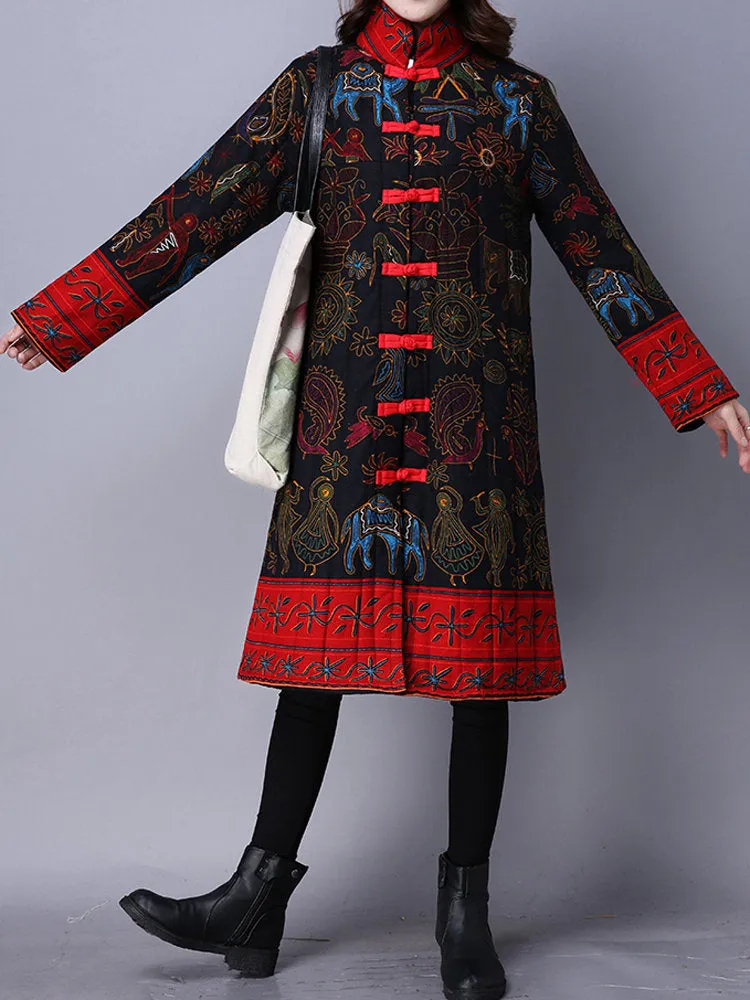 Ethnic Women Long Sleeve Printed Frog Button Stand Collar Coats