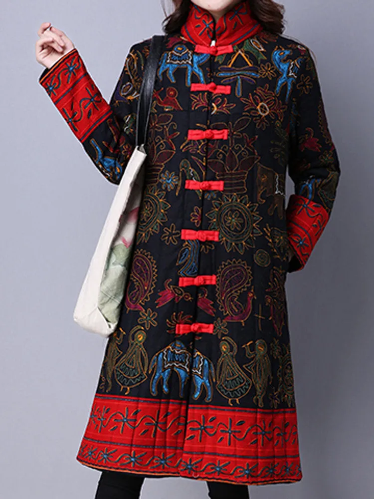 Ethnic Women Long Sleeve Printed Frog Button Stand Collar Coats
