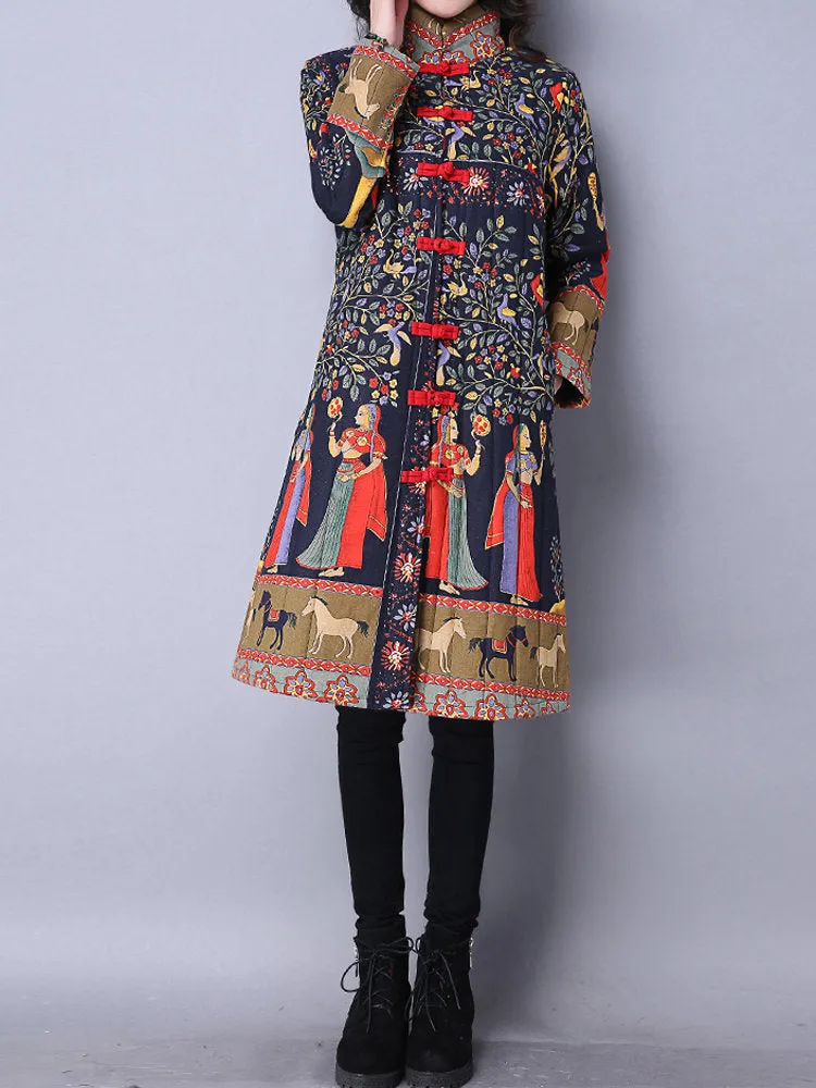 Ethnic Women Long Sleeve Printed Frog Button Stand Collar Coats