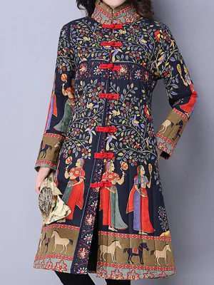 Ethnic Women Long Sleeve Printed Frog Button Stand Collar Coats