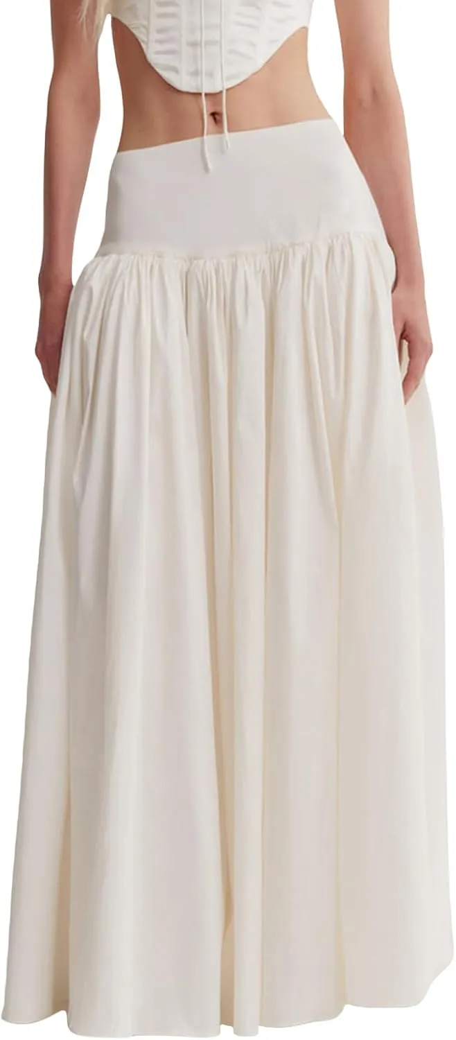 Faretumiya Women Boho Maxi Skirt High Elastic Waist Flowy Pleated Long Skirt Swing Tiered A Line Skirt Bohemian Casual Skirt