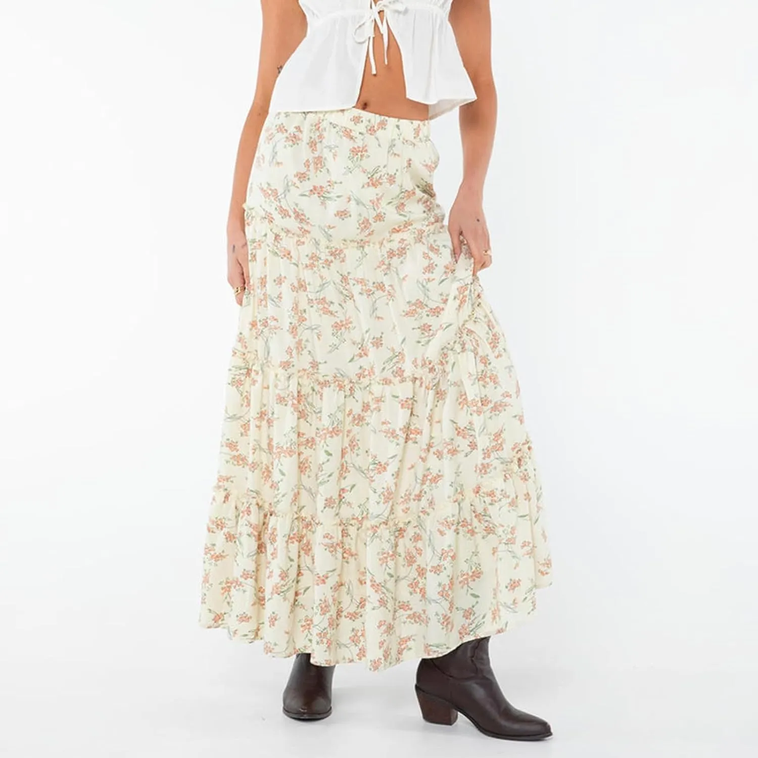 Faretumiya Women Boho Maxi Skirt High Elastic Waist Flowy Pleated Long Skirt Swing Tiered A Line Skirt Bohemian Casual Skirt
