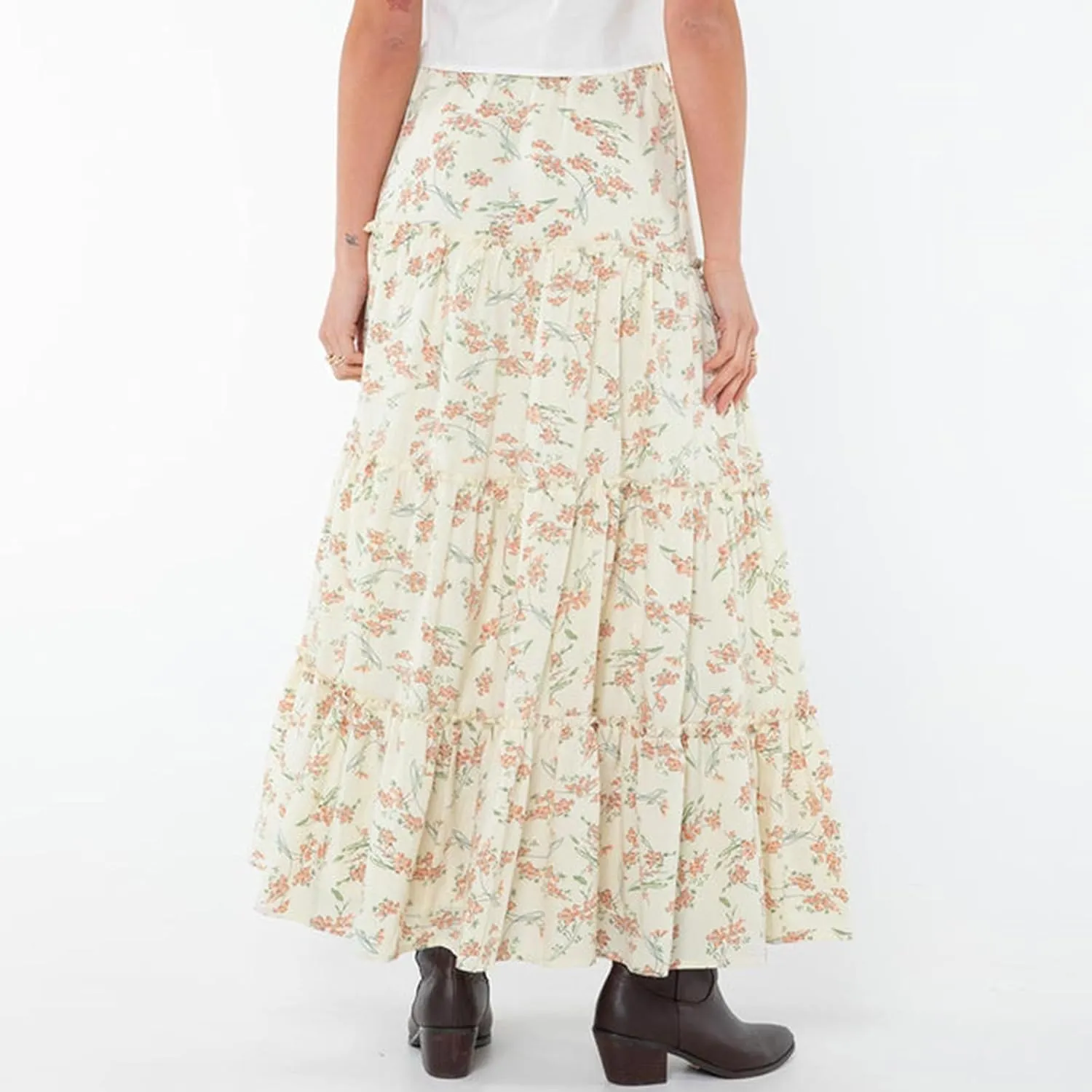 Faretumiya Women Boho Maxi Skirt High Elastic Waist Flowy Pleated Long Skirt Swing Tiered A Line Skirt Bohemian Casual Skirt