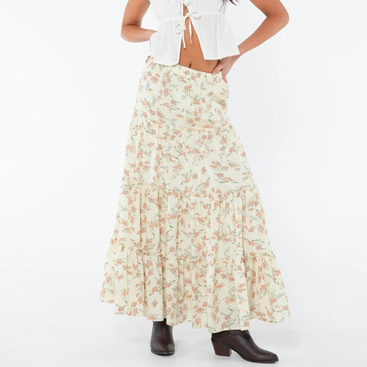 Faretumiya Women Boho Maxi Skirt High Elastic Waist Flowy Pleated Long Skirt Swing Tiered A Line Skirt Bohemian Casual Skirt