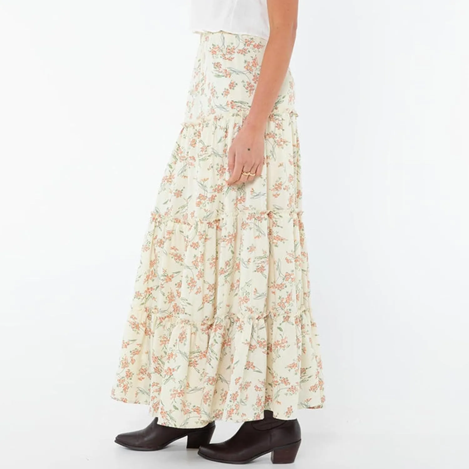 Faretumiya Women Boho Maxi Skirt High Elastic Waist Flowy Pleated Long Skirt Swing Tiered A Line Skirt Bohemian Casual Skirt