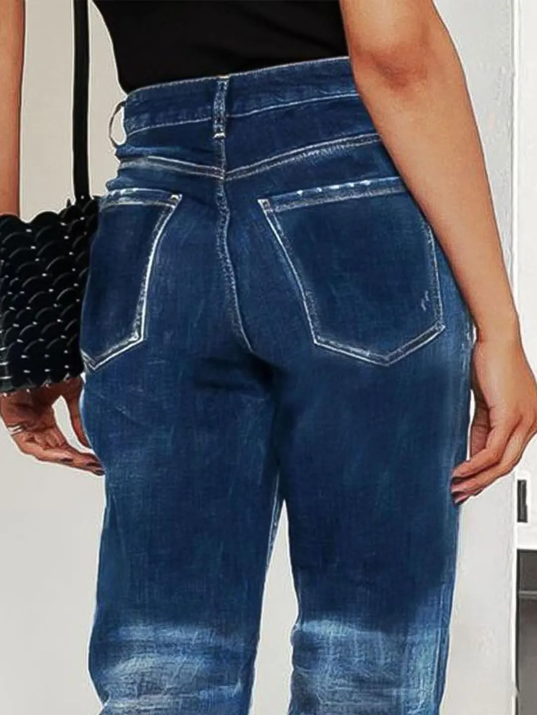 Flamingals Cropped Straight Leg Mid Rise Boyfriend Ripped Wash Roll Hem Denim Jeans