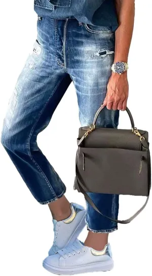 Flamingals Cropped Straight Leg Mid Rise Boyfriend Ripped Wash Roll Hem Denim Jeans
