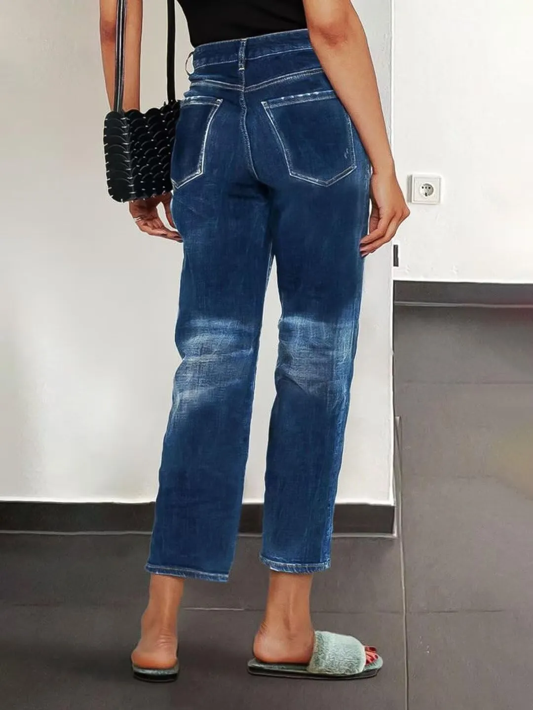 Flamingals Cropped Straight Leg Mid Rise Boyfriend Ripped Wash Roll Hem Denim Jeans