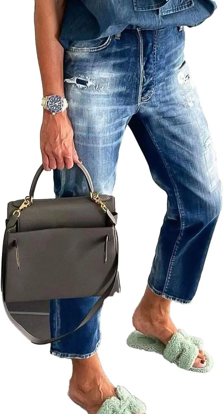 Flamingals Cropped Straight Leg Mid Rise Boyfriend Ripped Wash Roll Hem Denim Jeans