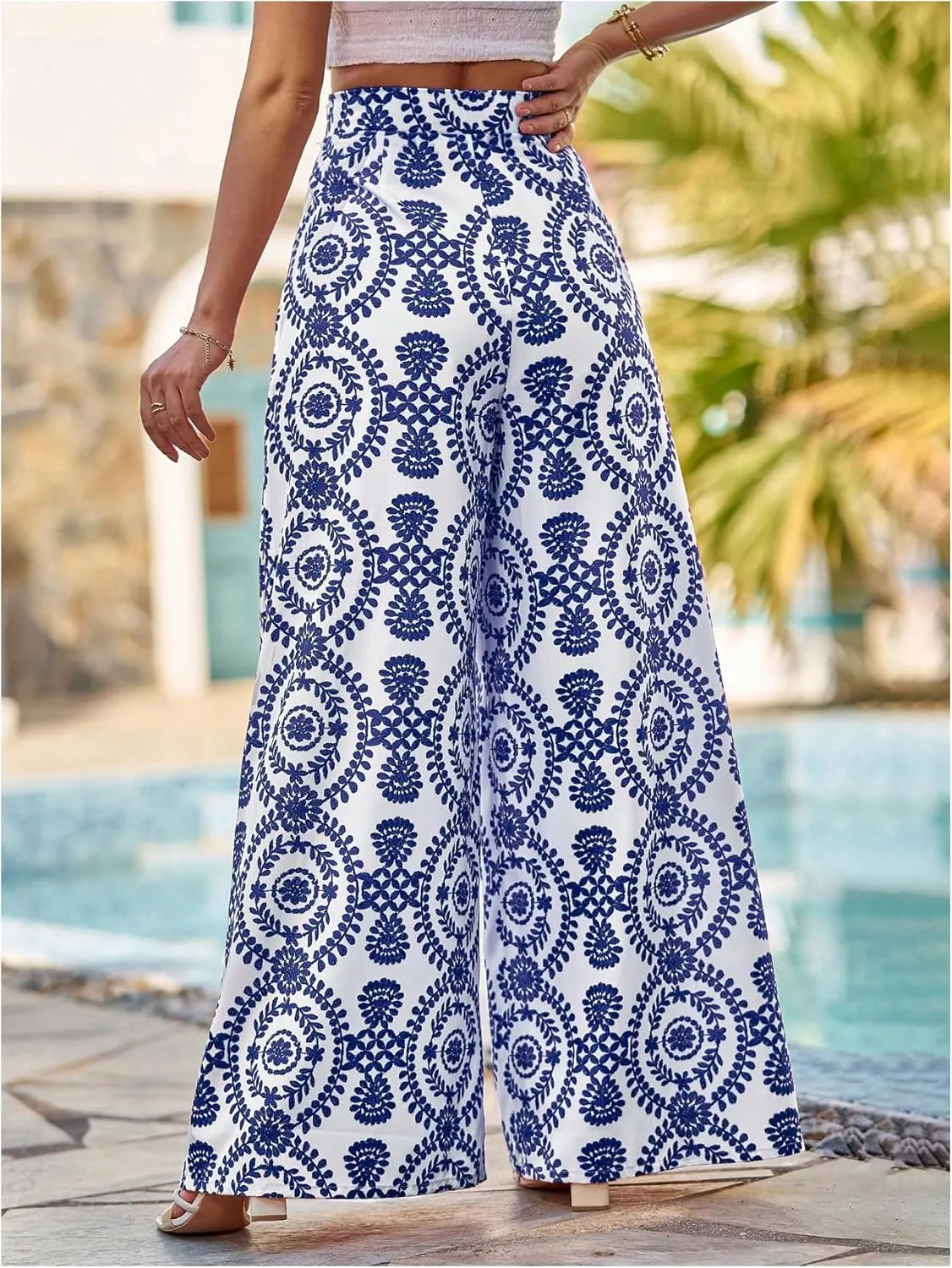 Floerns Women's High Waist Floral Wide Leg Palazzo Pants Flowy Travel Trousers