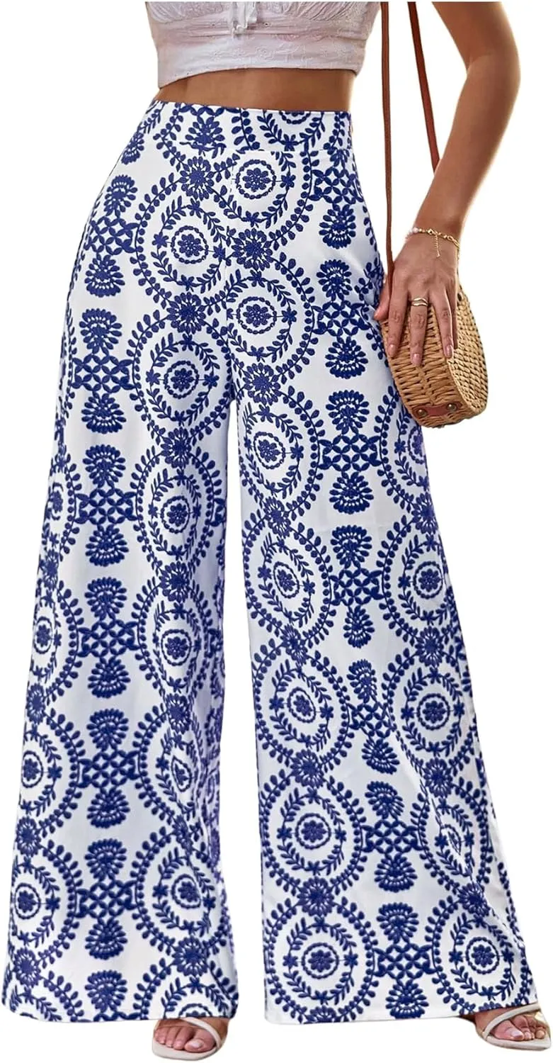Floerns Women's High Waist Floral Wide Leg Palazzo Pants Flowy Travel Trousers