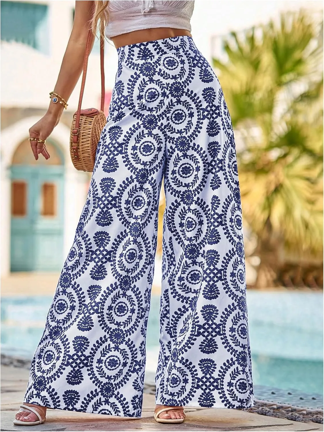 Floerns Women's High Waist Floral Wide Leg Palazzo Pants Flowy Travel Trousers