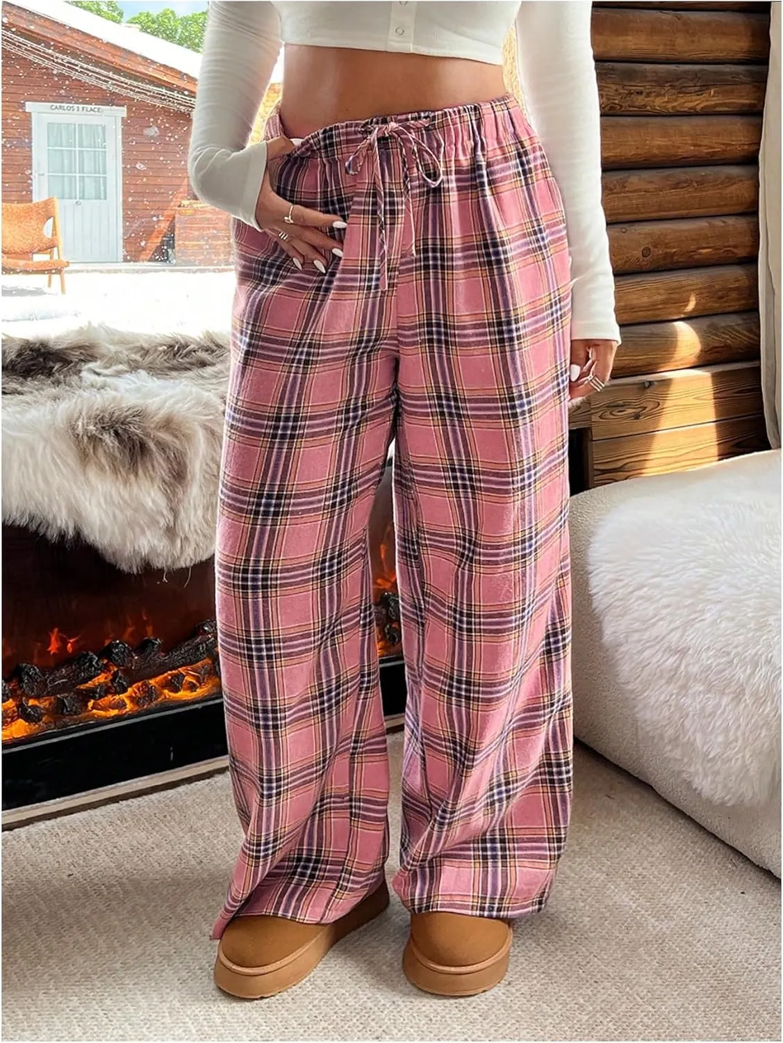 Floerns Women's Plus Size Leopard High Waist Pants Drawstring Wide Leg Trousers