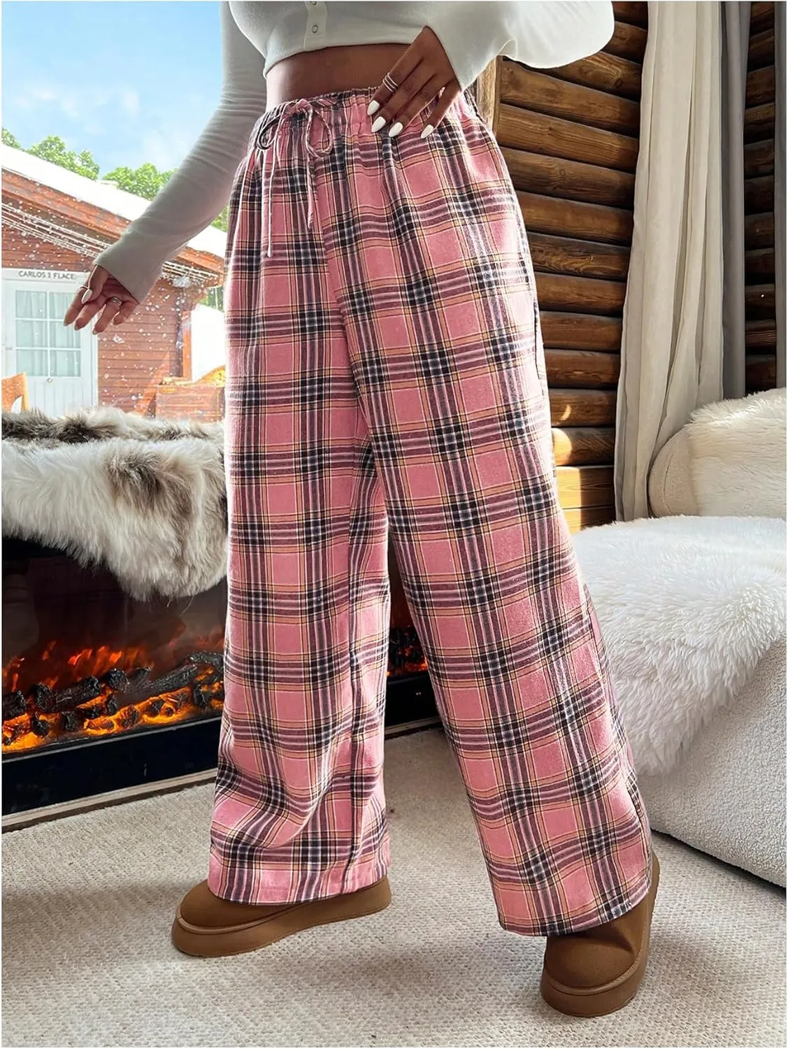Floerns Women's Plus Size Leopard High Waist Pants Drawstring Wide Leg Trousers