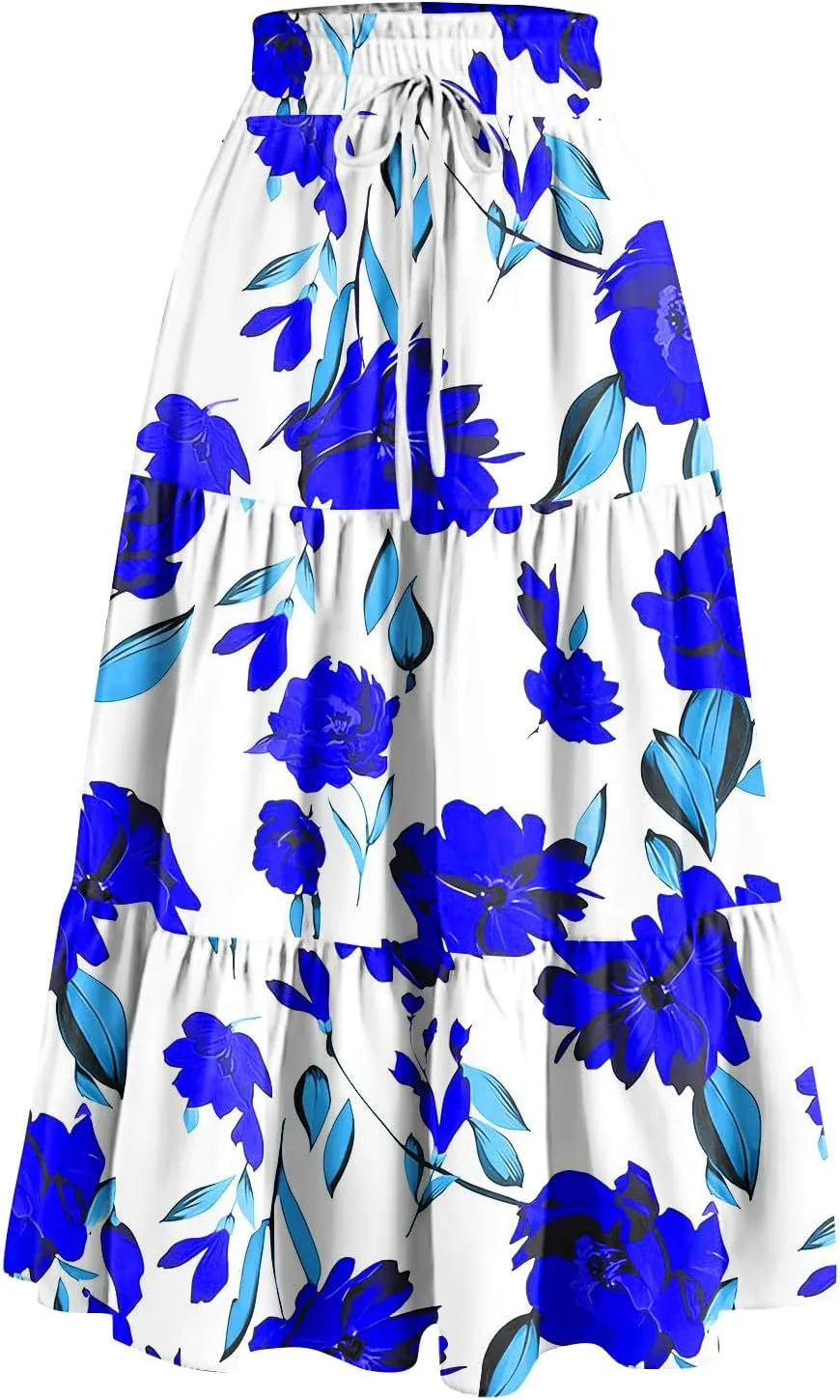 Floral Maxi Skirt for Women Summer Comfy Tiered Elastic High Waisted Skirts Vacation A-Line Flowy Swing Long Skirt