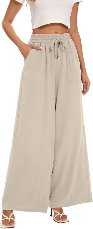 FUNYYZO 2025 Women Palazzo Pants High Waist Casual Wide Leg Long Lounge Pull On Trousers with Pocket