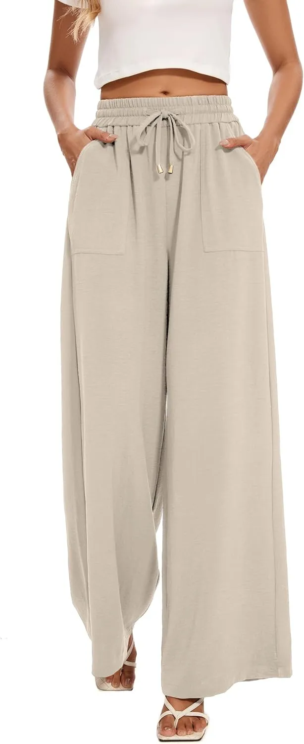 FUNYYZO 2025 Women Palazzo Pants High Waist Casual Wide Leg Long Lounge Pull On Trousers with Pocket