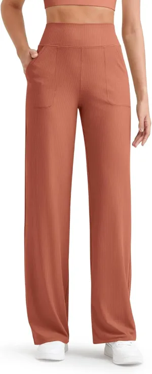 G4Free Women Casual Ribbed Wide Leg Pants with Pockets Lightweight High Waist Yoga Pants Petite/Regular/Tall
