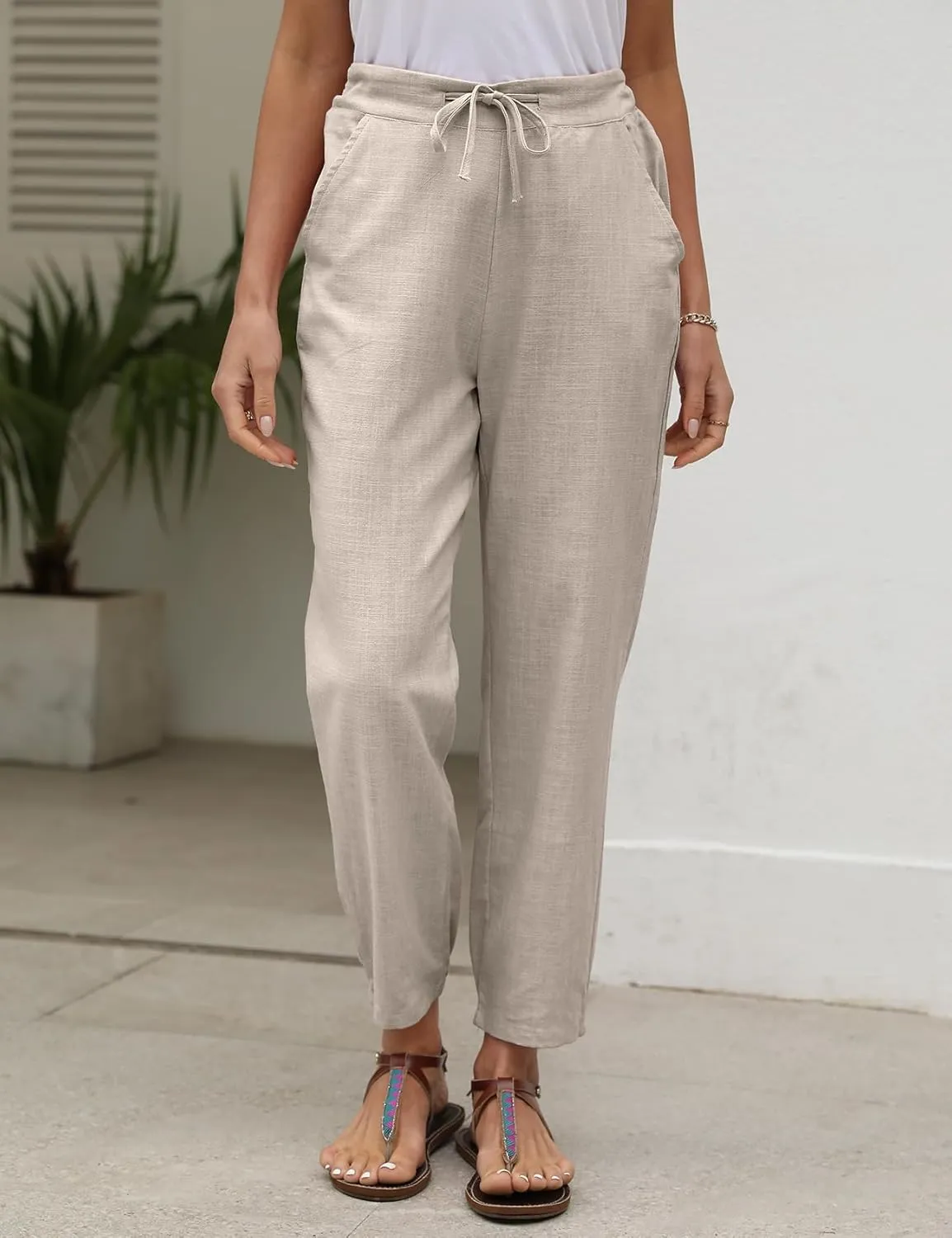 Gihuo Women's Tapered Linen Pants Casual Straight Leg Drawstring Elastic Waist Loose Comfy Joggers Trousers with Pockets