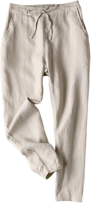 Gihuo Women's Tapered Linen Pants Casual Straight Leg Drawstring Elastic Waist Loose Comfy Joggers Trousers with Pockets