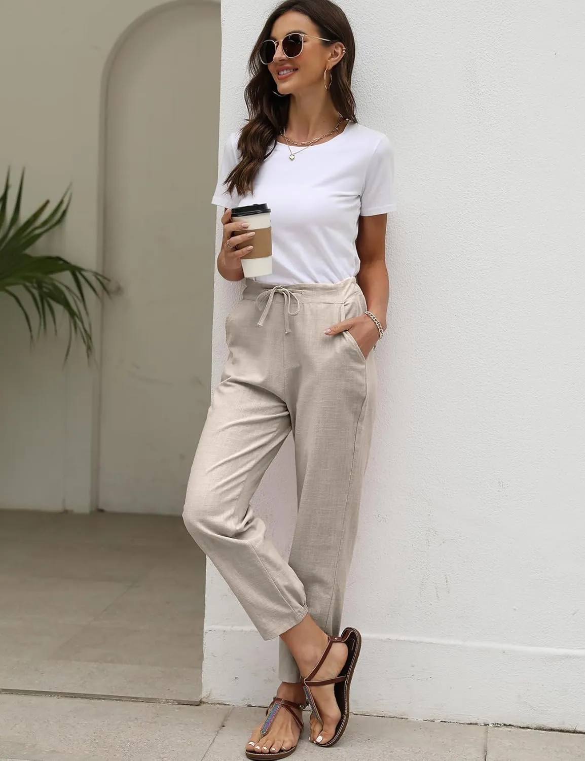 Gihuo Women's Tapered Linen Pants Casual Straight Leg Drawstring Elastic Waist Loose Comfy Joggers Trousers with Pockets