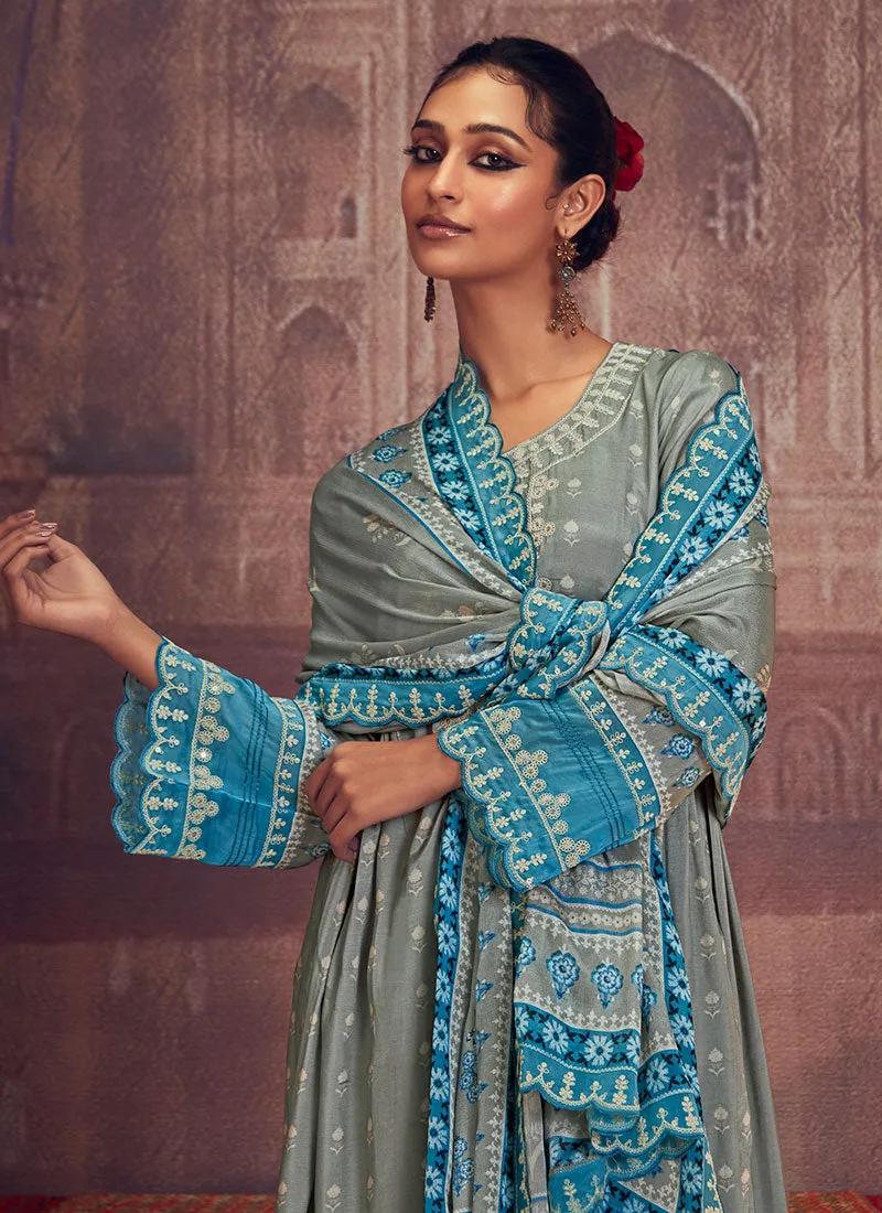 Grey And Blue Thread Embroidery Anarkali Palazzo Suit