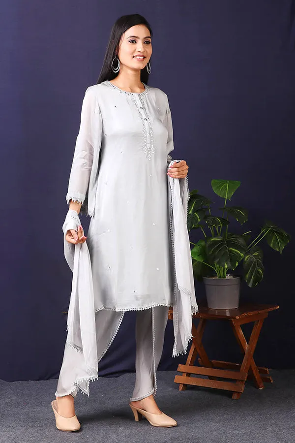 Grey Pakistani Suit With Mirror Work