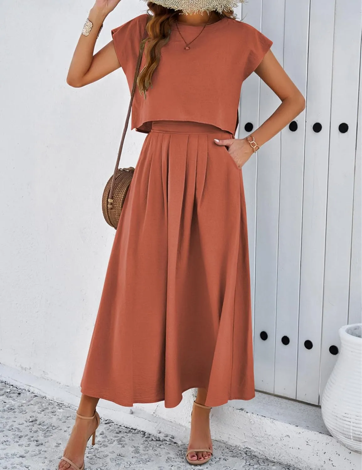 HangNiFang 2025 Summer Skirt Sets Women 2 Piece Outfits Cap Sleeve Top Elastic Waist Maxi Dress Sets with Pockets