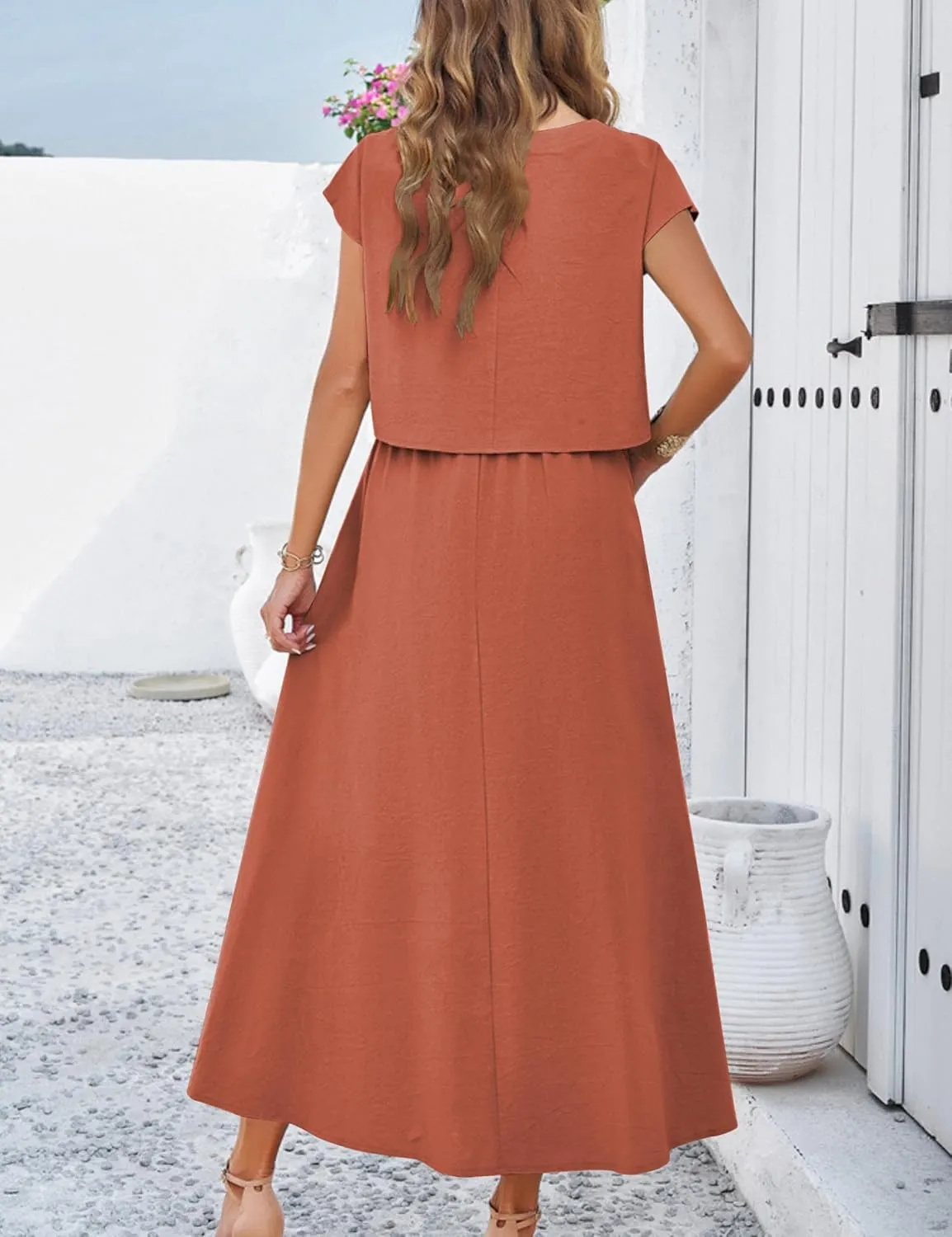 HangNiFang 2025 Summer Skirt Sets Women 2 Piece Outfits Cap Sleeve Top Elastic Waist Maxi Dress Sets with Pockets