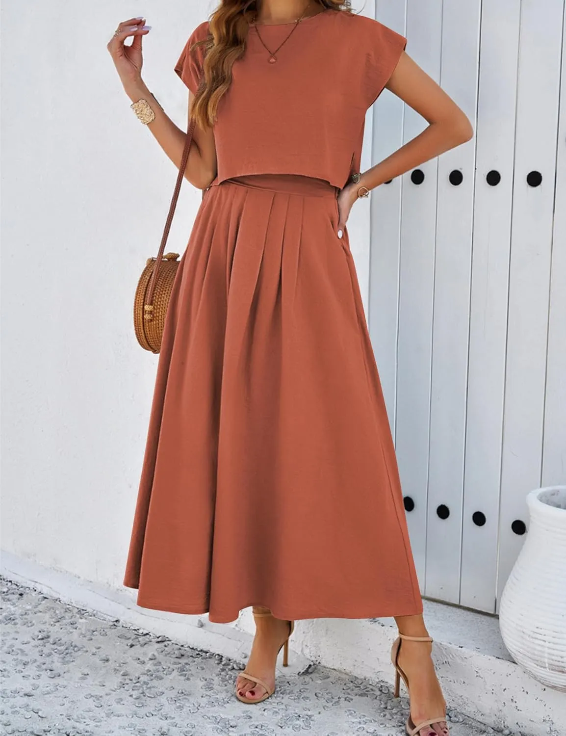 HangNiFang 2025 Summer Skirt Sets Women 2 Piece Outfits Cap Sleeve Top Elastic Waist Maxi Dress Sets with Pockets