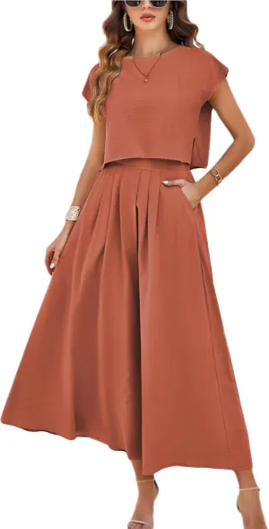 HangNiFang 2025 Summer Skirt Sets Women 2 Piece Outfits Cap Sleeve Top Elastic Waist Maxi Dress Sets with Pockets