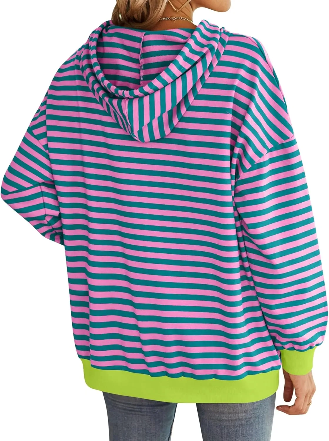 HangNiFang Oversized Striped Sweatshirt for Women Color Block Hoodies Pullover Top Long Sleeve Y2K Clothes