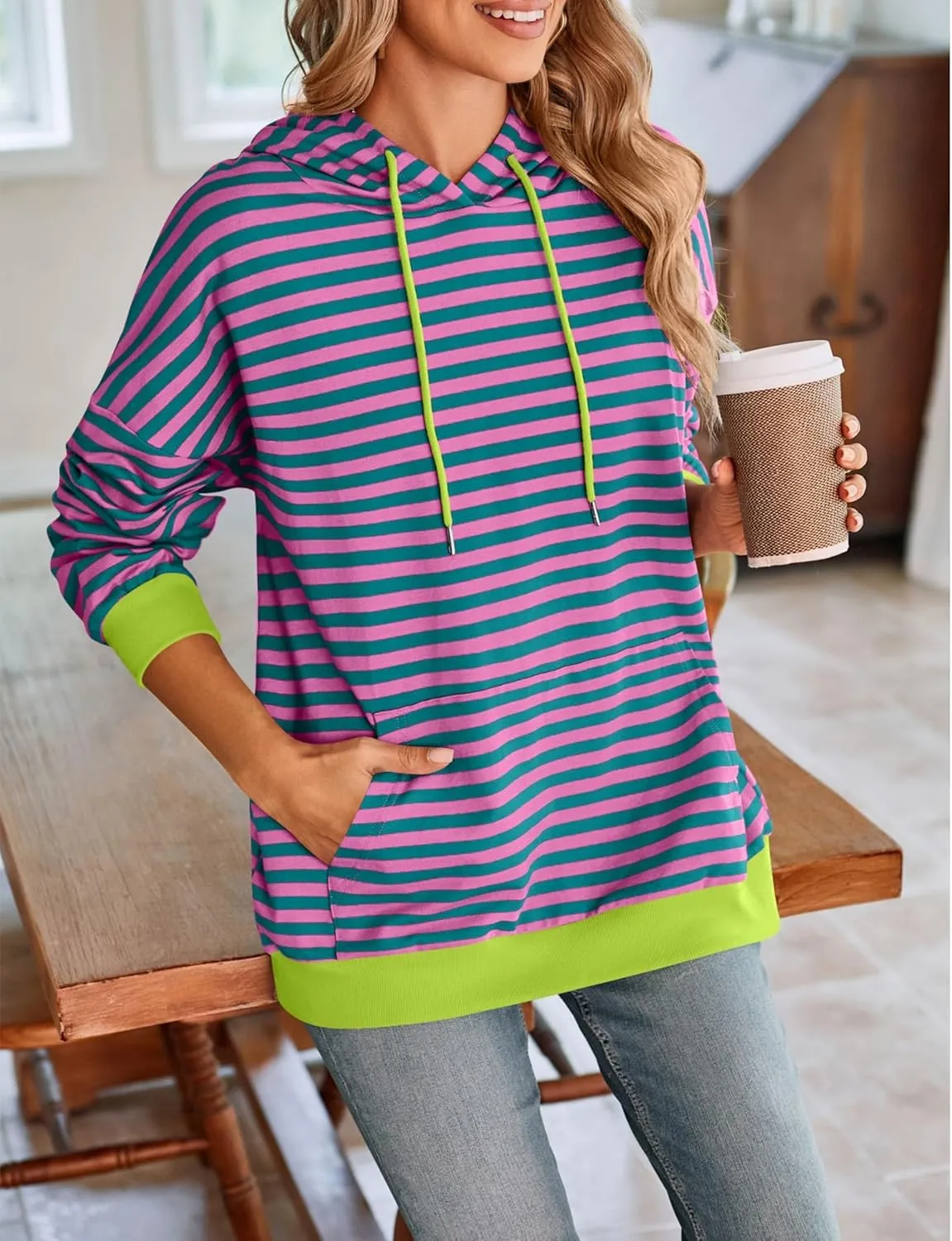 HangNiFang Oversized Striped Sweatshirt for Women Color Block Hoodies Pullover Top Long Sleeve Y2K Clothes