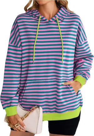 HangNiFang Oversized Striped Sweatshirt for Women Color Block Hoodies Pullover Top Long Sleeve Y2K Clothes