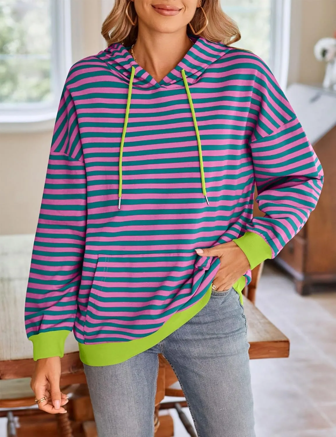 HangNiFang Oversized Striped Sweatshirt for Women Color Block Hoodies Pullover Top Long Sleeve Y2K Clothes
