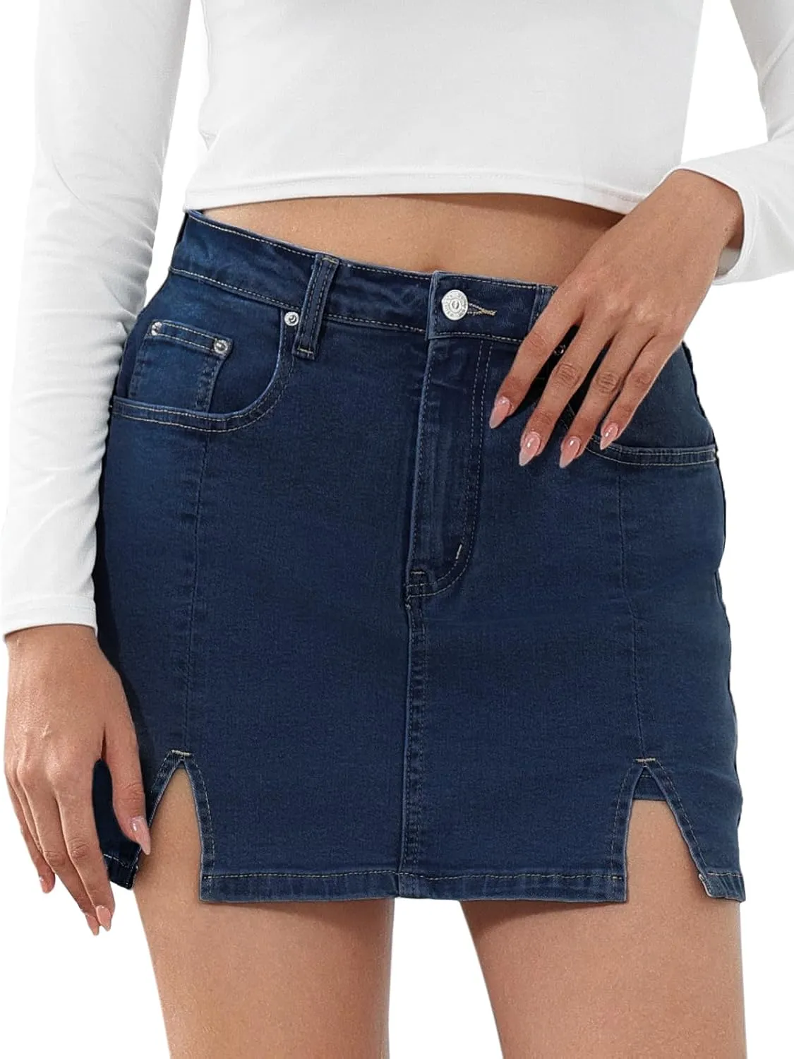 HDLTE Denim Skirts for Women - High Waisted Jean Skorts with Slit Cute Skort Shorts Casual