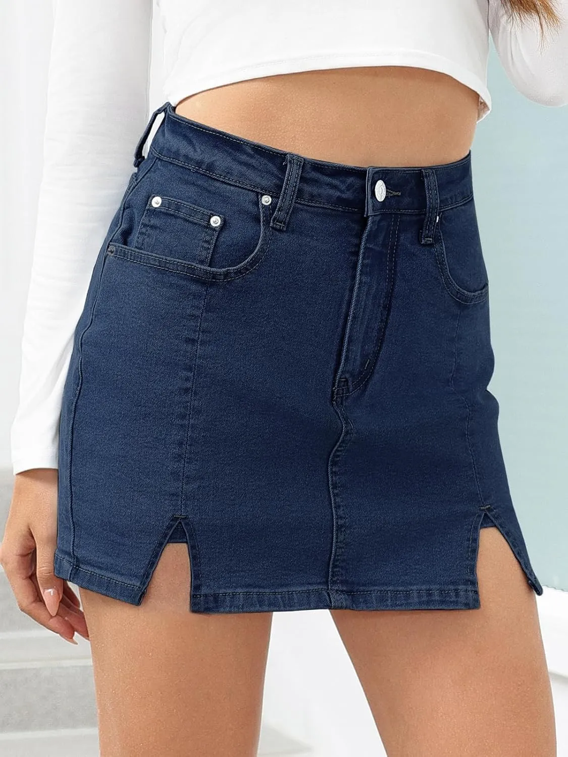 HDLTE Denim Skirts for Women - High Waisted Jean Skorts with Slit Cute Skort Shorts Casual