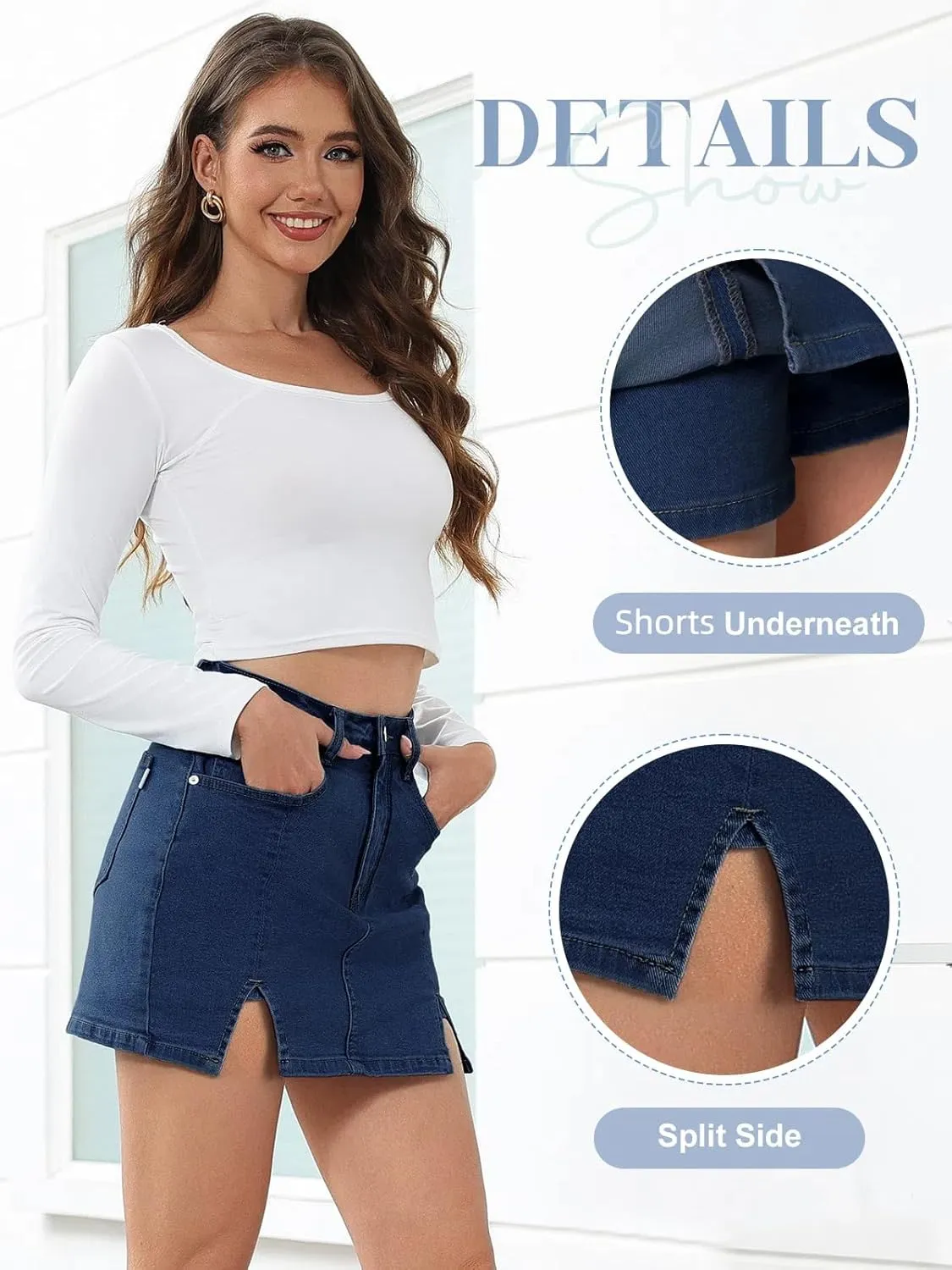 HDLTE Denim Skirts for Women - High Waisted Jean Skorts with Slit Cute Skort Shorts Casual