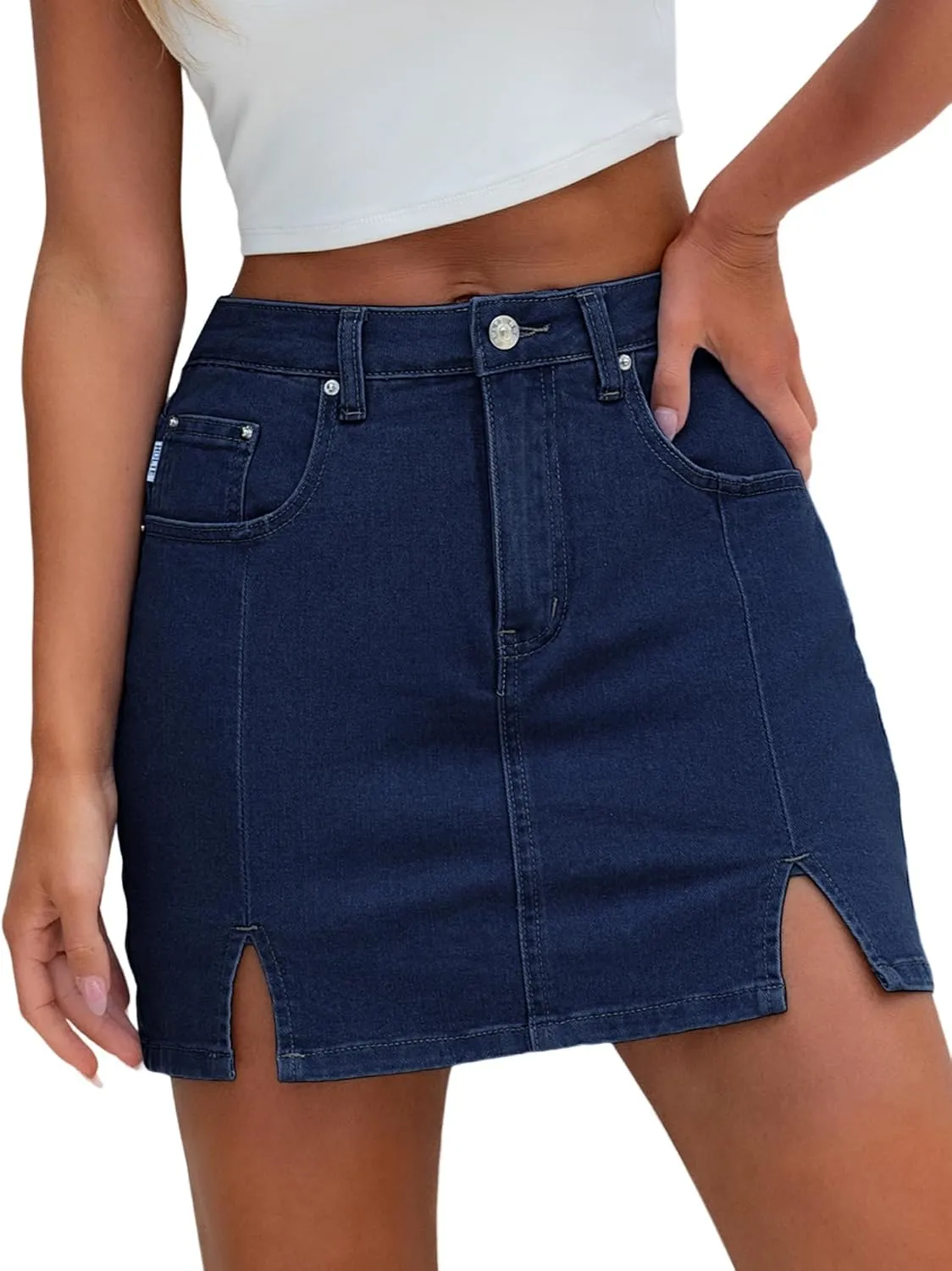 HDLTE Denim Skirts for Women - High Waisted Jean Skorts with Slit Cute Skort Shorts Casual