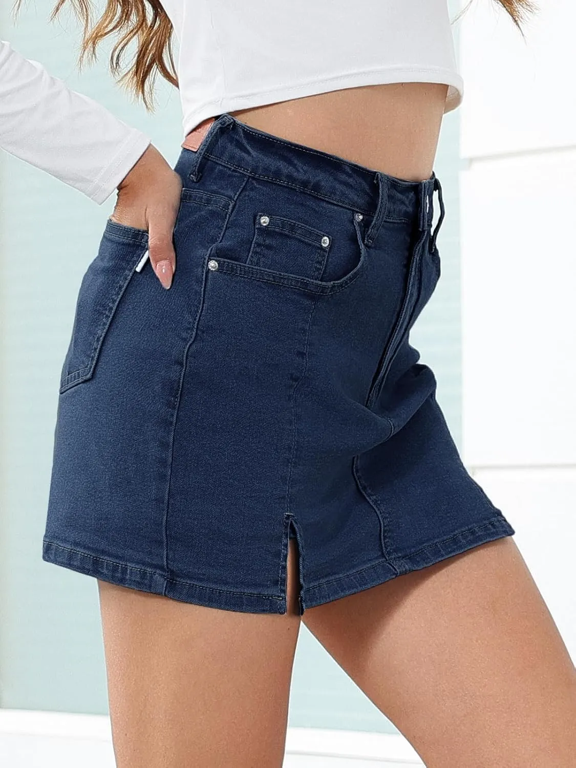 HDLTE Denim Skirts for Women - High Waisted Jean Skorts with Slit Cute Skort Shorts Casual